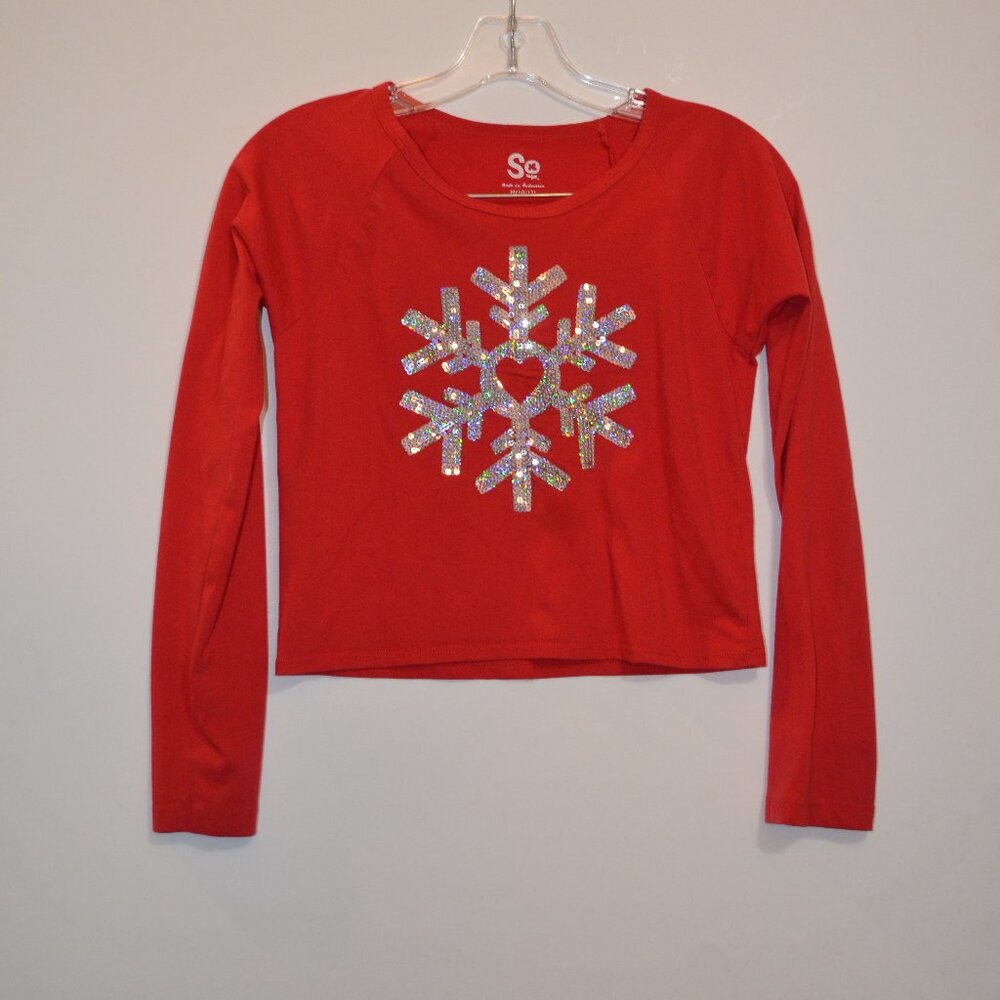 SO Sequences Silver Snowflake Indonesia Long Sleeves Short Body Red Tee M(10-12)